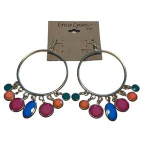 Erica Lyons Large Round Hoop Dangle Earrings Gold Tone Gem Shaped Colored Charms